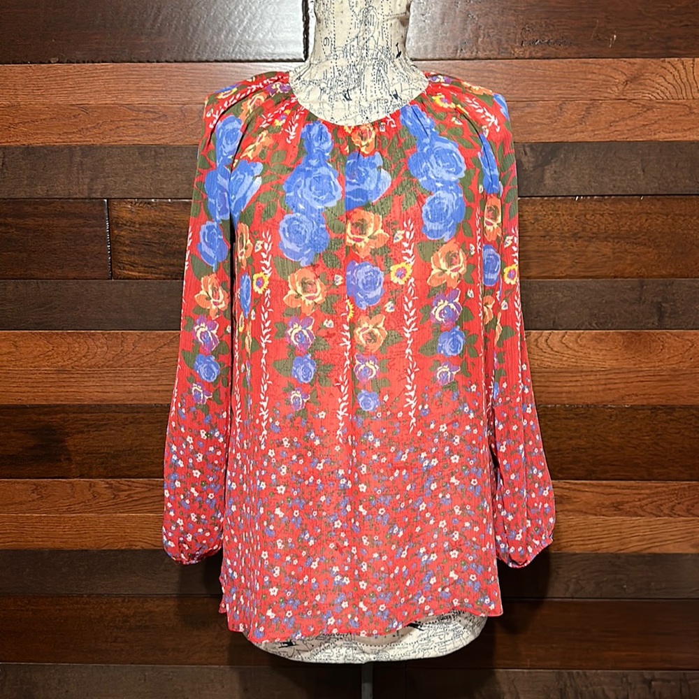 Susan Graver Scoop Neck Long Sleeve Red and Blue Floral Sheer Blouse